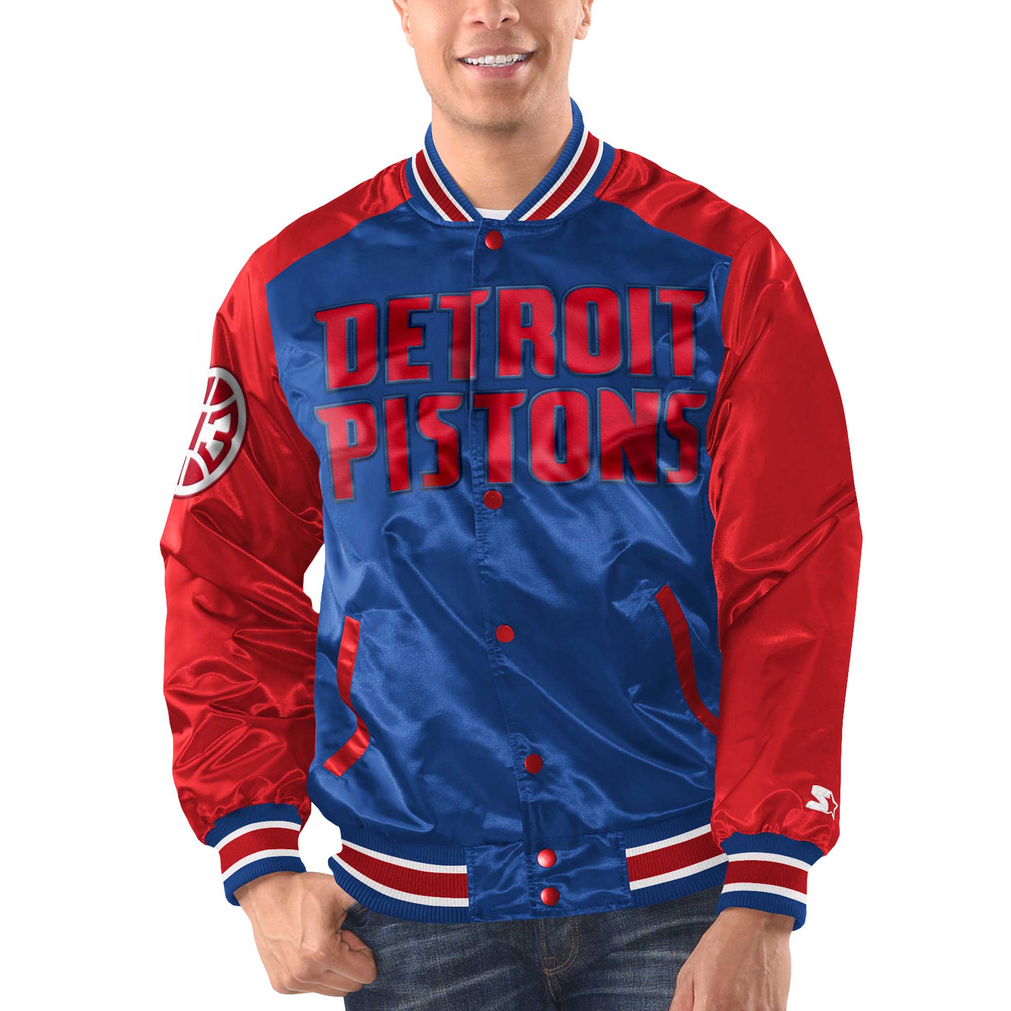 Men's Starter Royal/Red Detroit Pistons Renegade Satin Full-Snap Varsity Jacket - Image 6