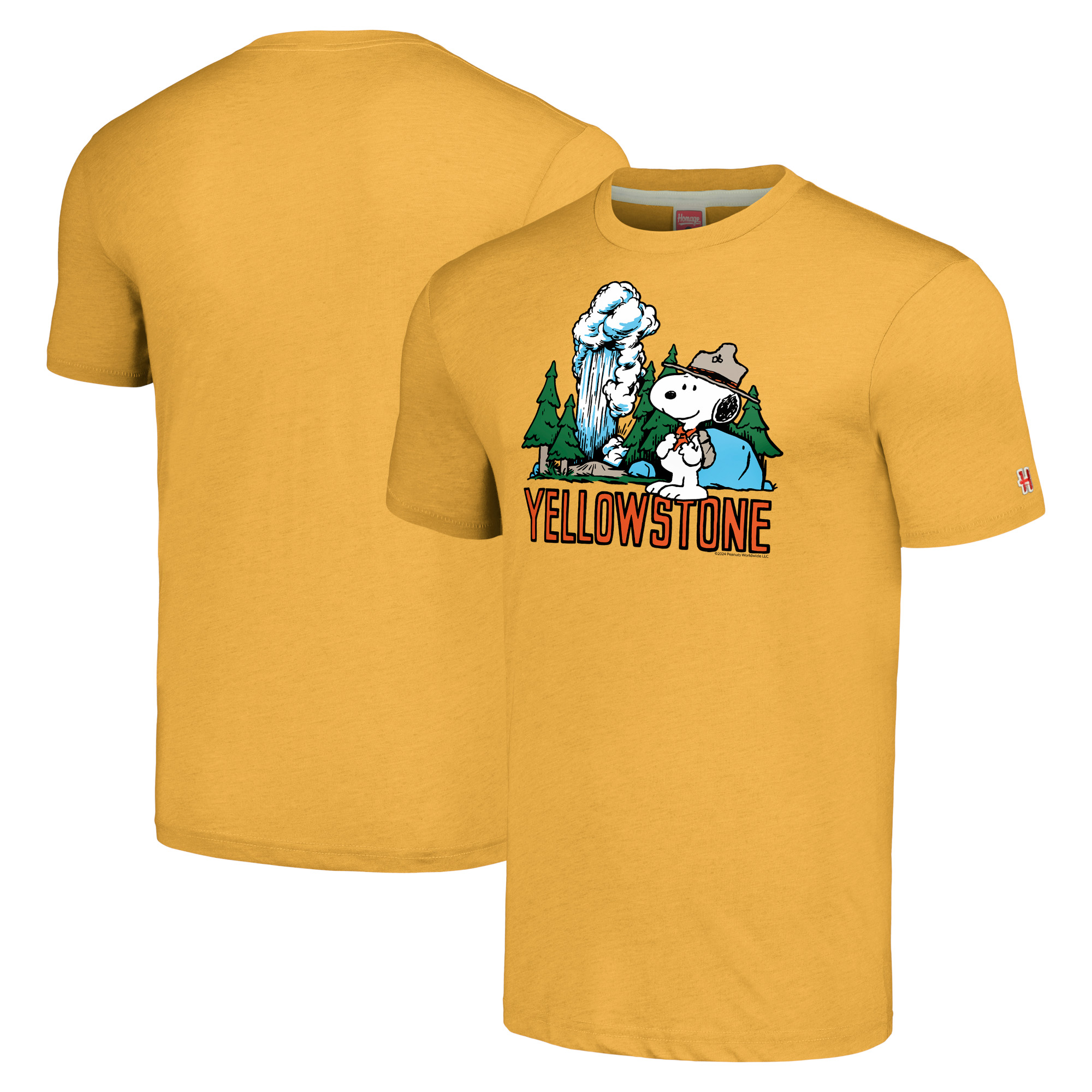 Unisex Homage Snoopy Gold Peanuts Yellowstone National Park Tri-Blend T-Shirt