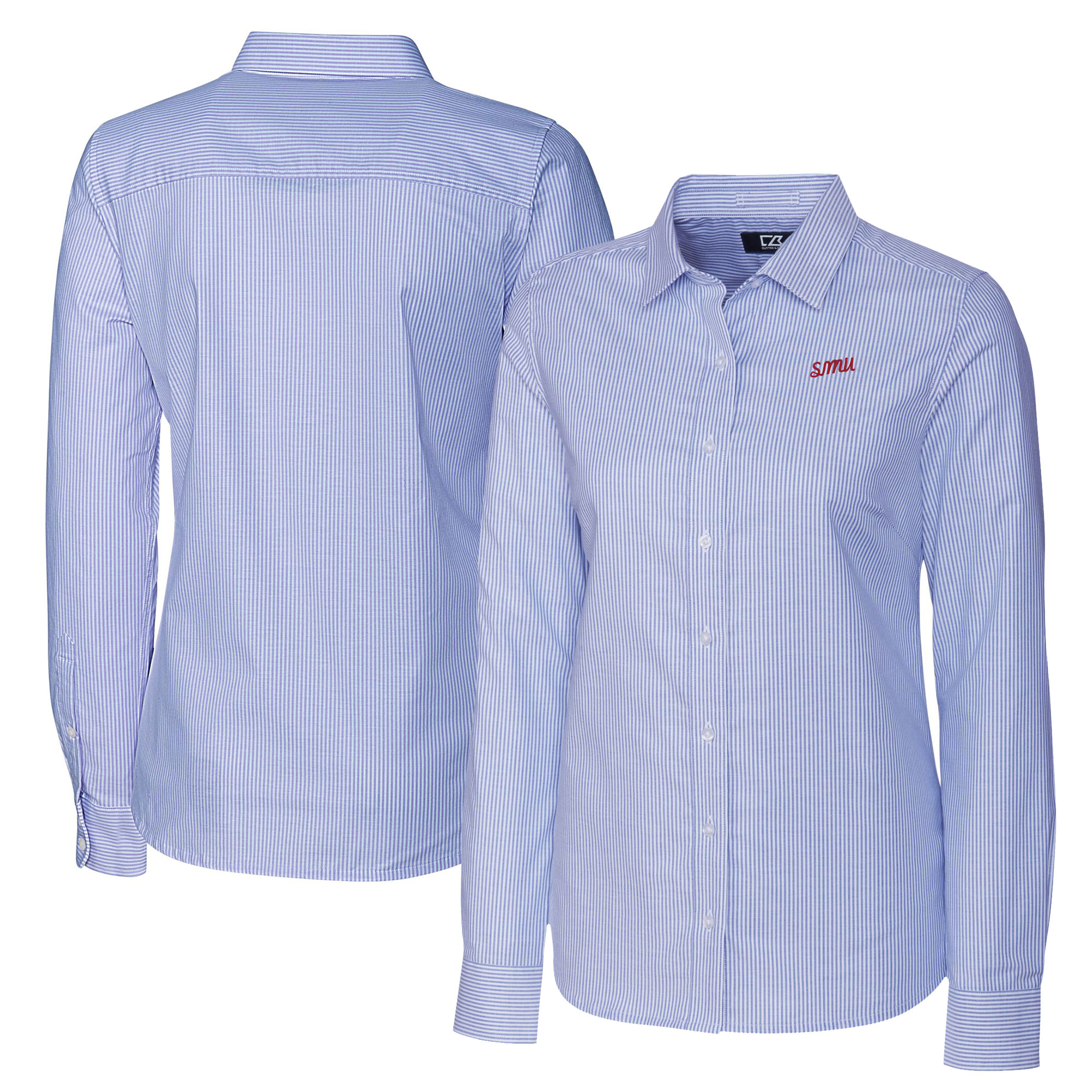 Women's Cutter & Buck Royal SMU Mustangs Vault Stretch Oxford Stripe Long Sleeve Tri-Blend Button-Up Dress Shirt