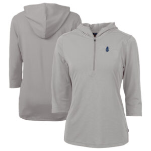 Women's Cutter & Buck Gray Chicago Cubs Cooperstown Collection DryTec Virtue Eco Pique Recycled 3/4-Sleeve Half-Zip Pullover Hoodie