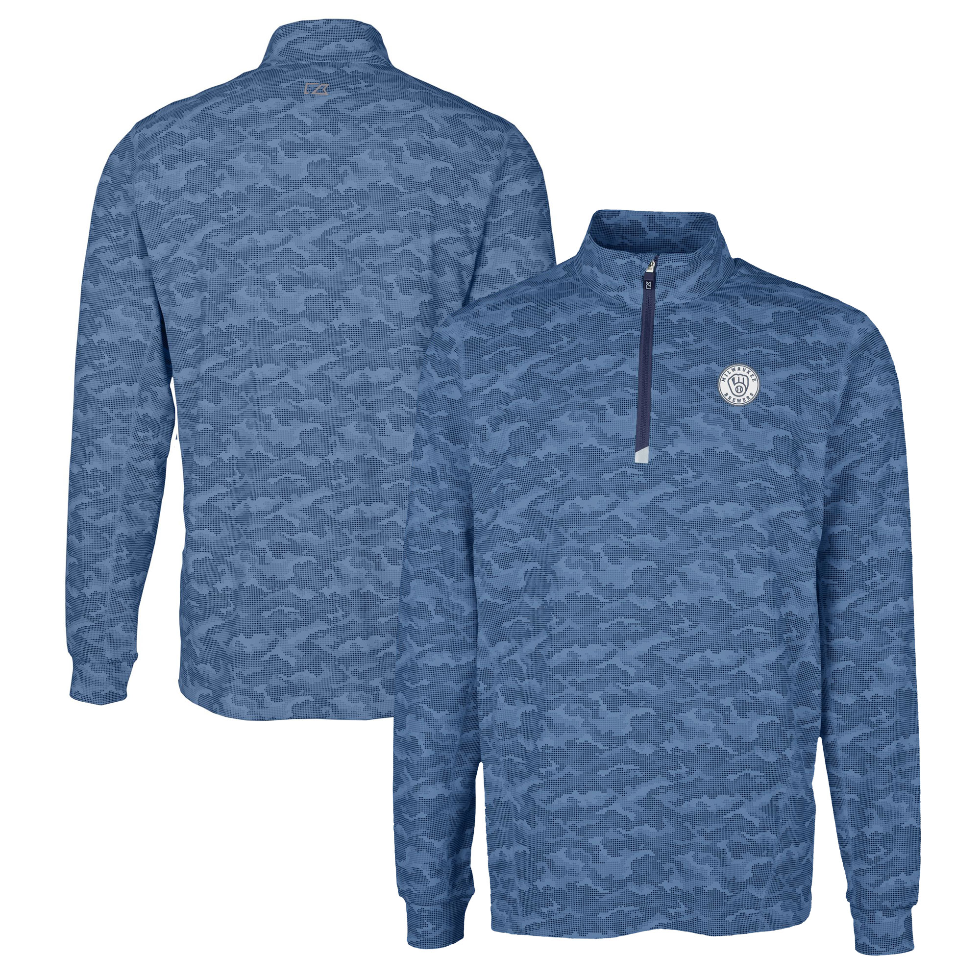Men's Cutter & Buck Navy Milwaukee Brewers Big & Tall Traverse Stretch Camo Print Eco DryTec Quarter-Zip Top
