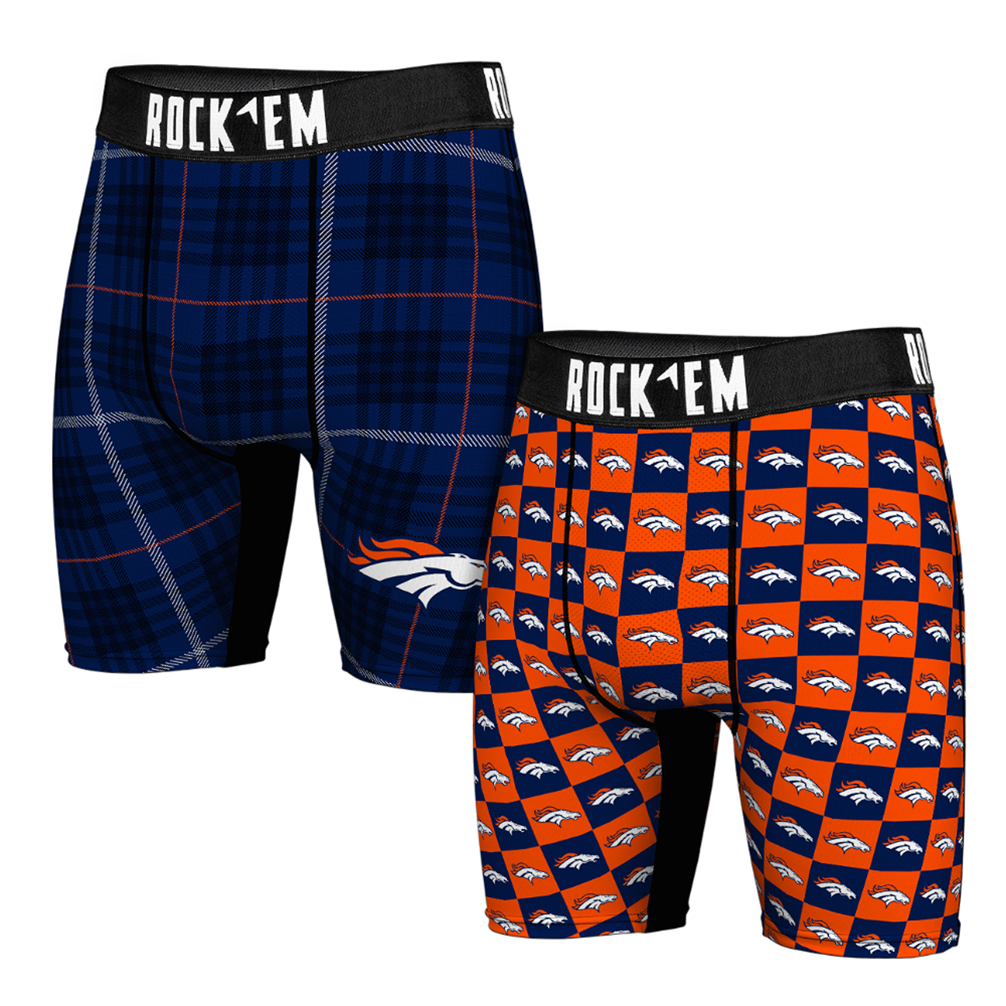 Men's Rock Em Socks Denver Broncos Two-Pack Plaid and Checkerboard Boxer Briefs