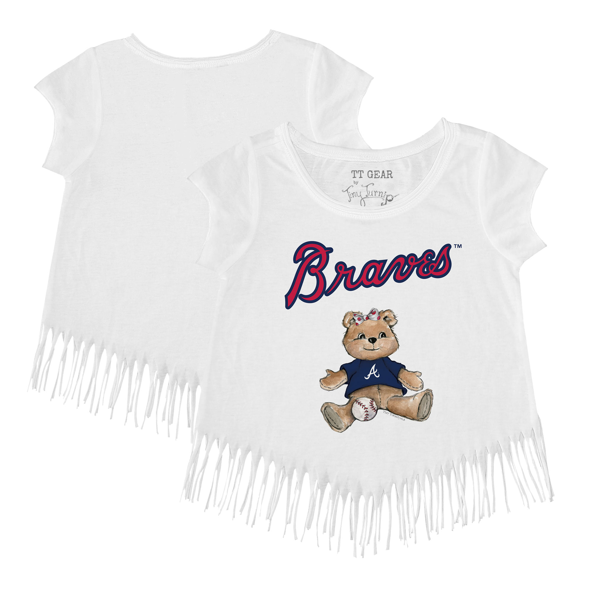 Girls Toddler Tiny Turnip White Atlanta Braves Girl Teddy Fringe T-Shirt