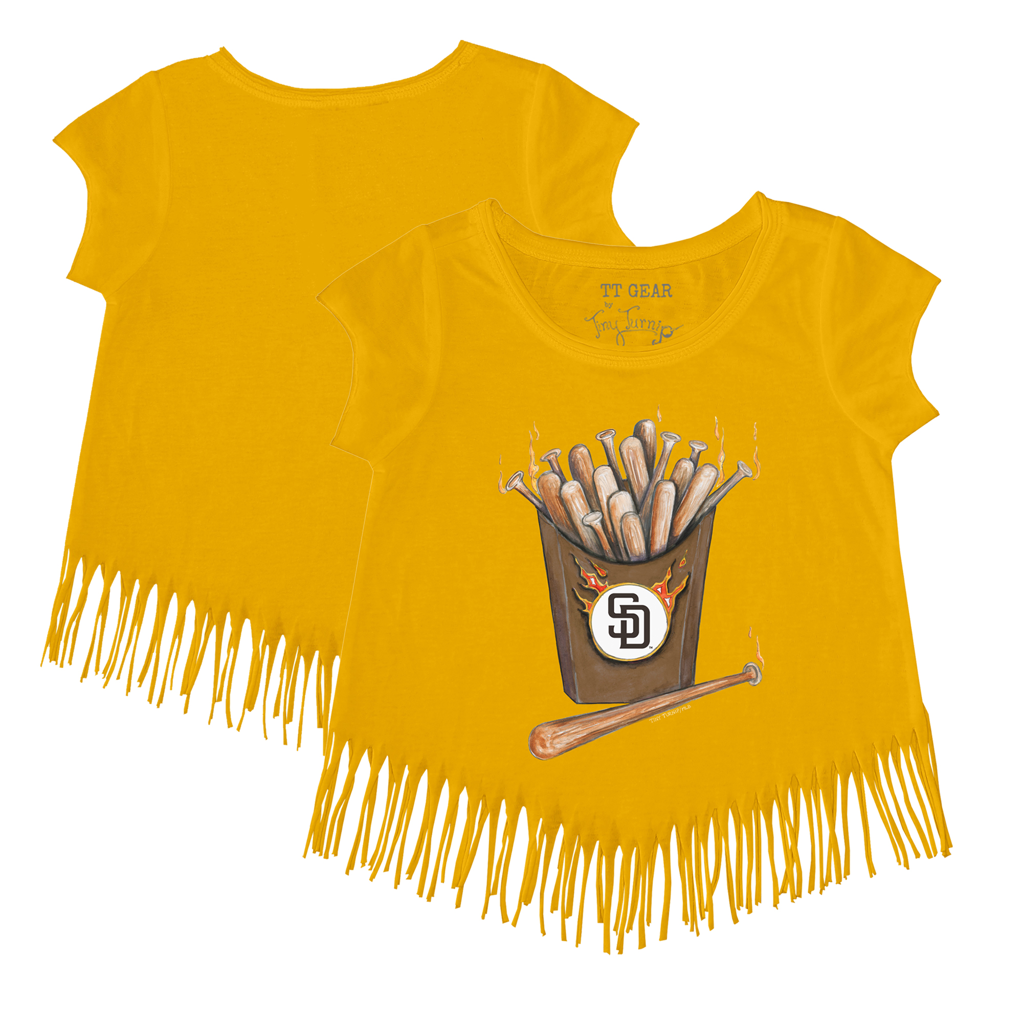 Girls Toddler Tiny Turnip Gold San Diego Padres Hot Bats Fringe T-Shirt