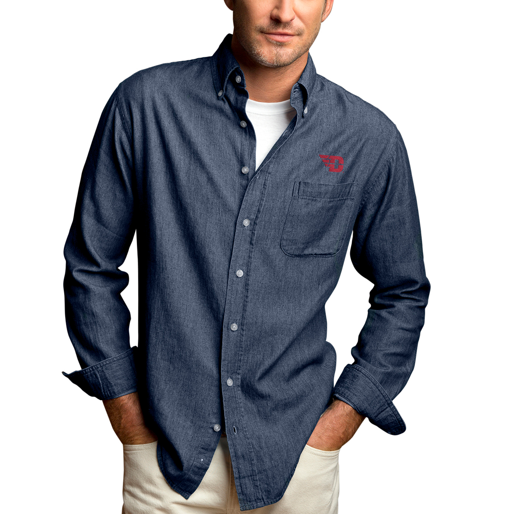 Men's Blue Dayton Flyers Hudson Denim Long Sleeve Button-Down Shirt