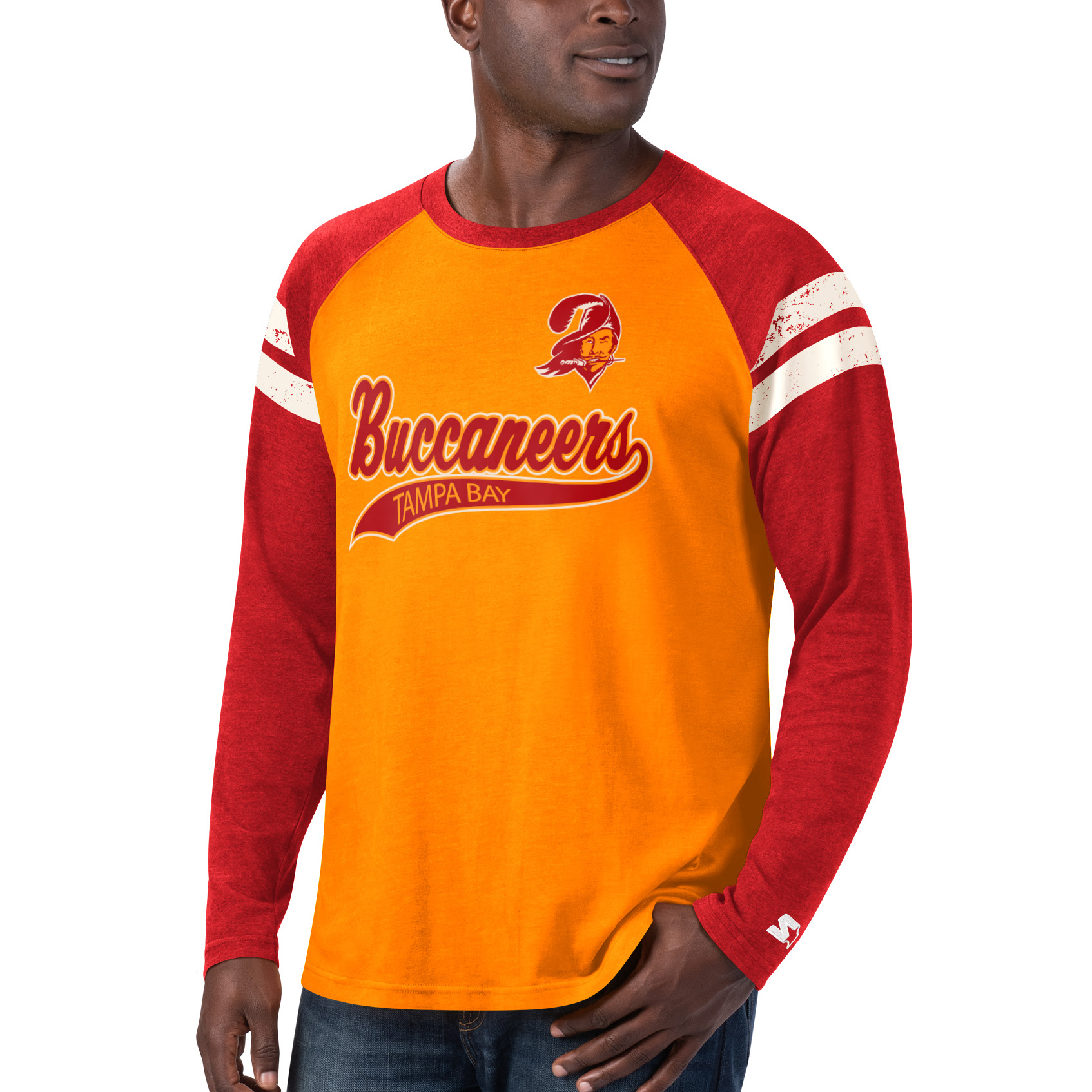 Men's Starter Orange/Red Tampa Bay Buccaneers Throwback League Raglan Long Sleeve Tri-Blend T-Shirt - Image 9