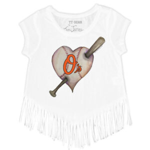 Girls Toddler Tiny Turnip White Baltimore Orioles Heart Bat Fringe T-Shirt