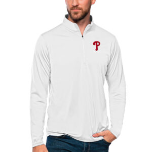 Men's Antigua White Philadelphia Phillies Tribute Quarter-Zip Pullover Top