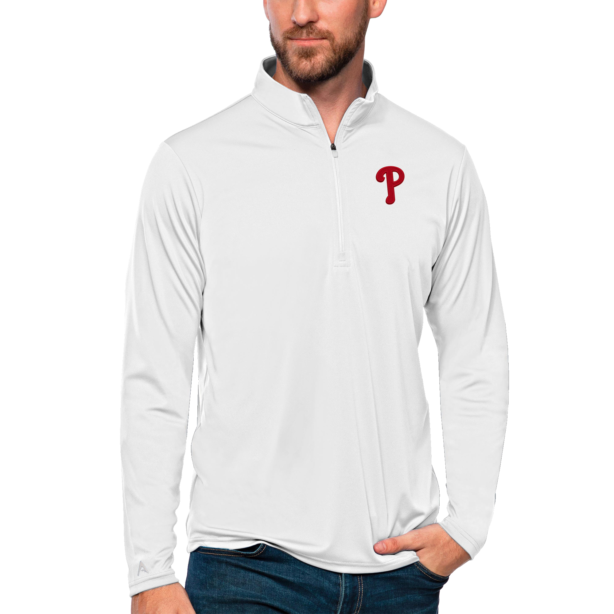 Men's Antigua White Philadelphia Phillies Tribute Quarter-Zip Pullover Top