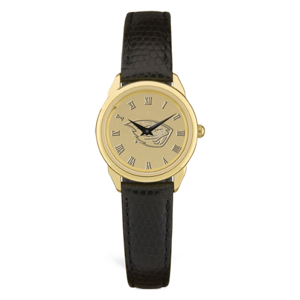 Women's Oregon State Beavers Personalized Gold Medallion Black Leather Wristwatch