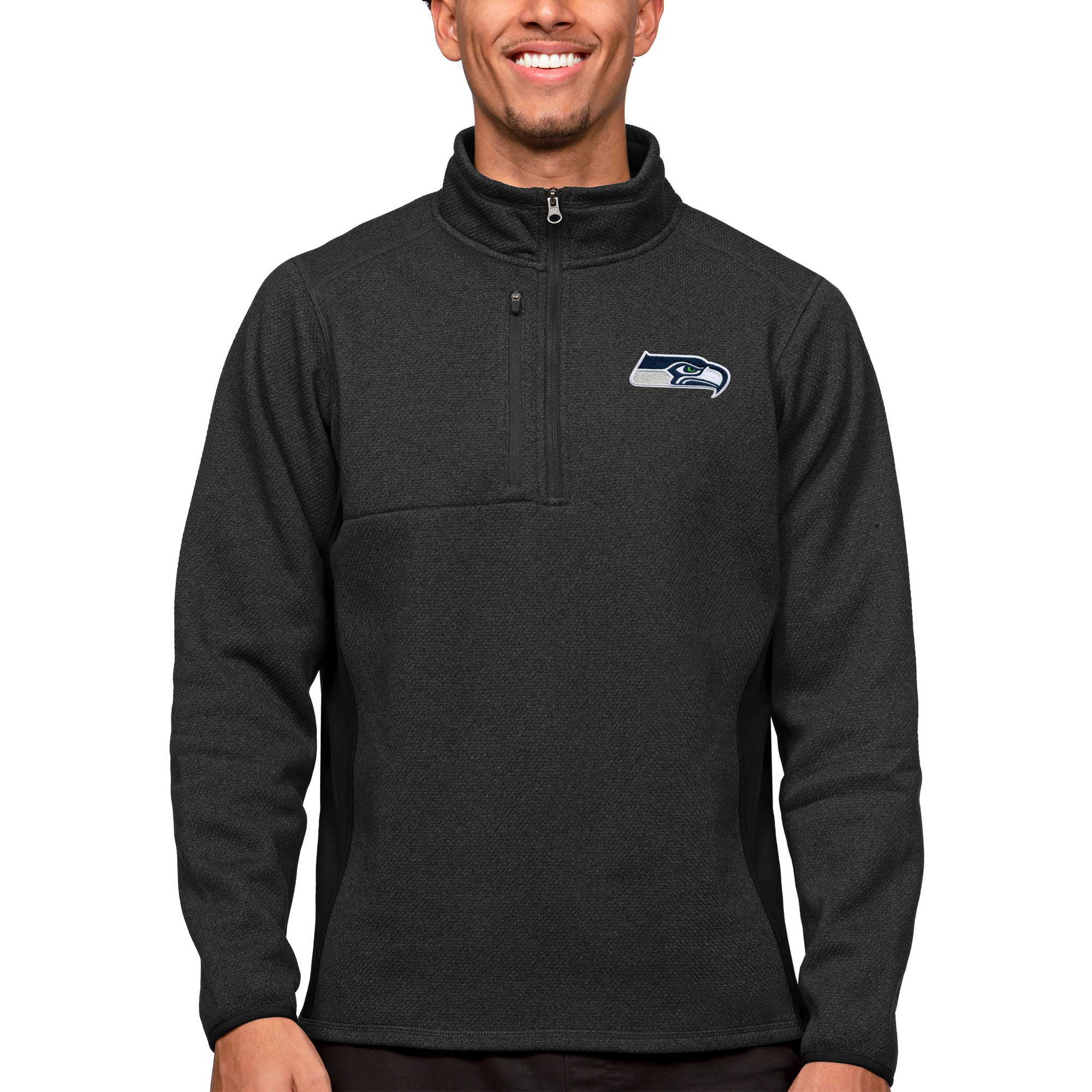 Men's Antigua Heathered Black Seattle Seahawks Course Quarter-Zip Pullover Top