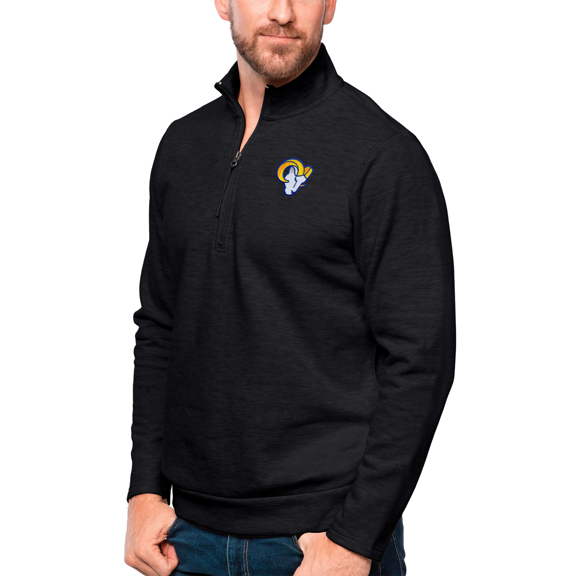 Men's Antigua Heathered Black Los Angeles Rams Gambit Quarter-Zip Pullover Top