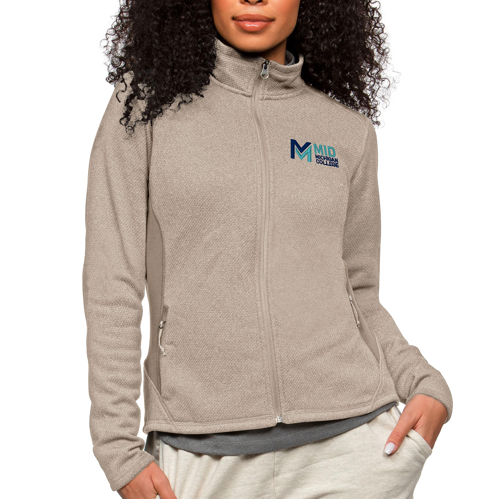 Women's Antigua Oatmeal Mid Michigan College Course Full-Zip Jacket