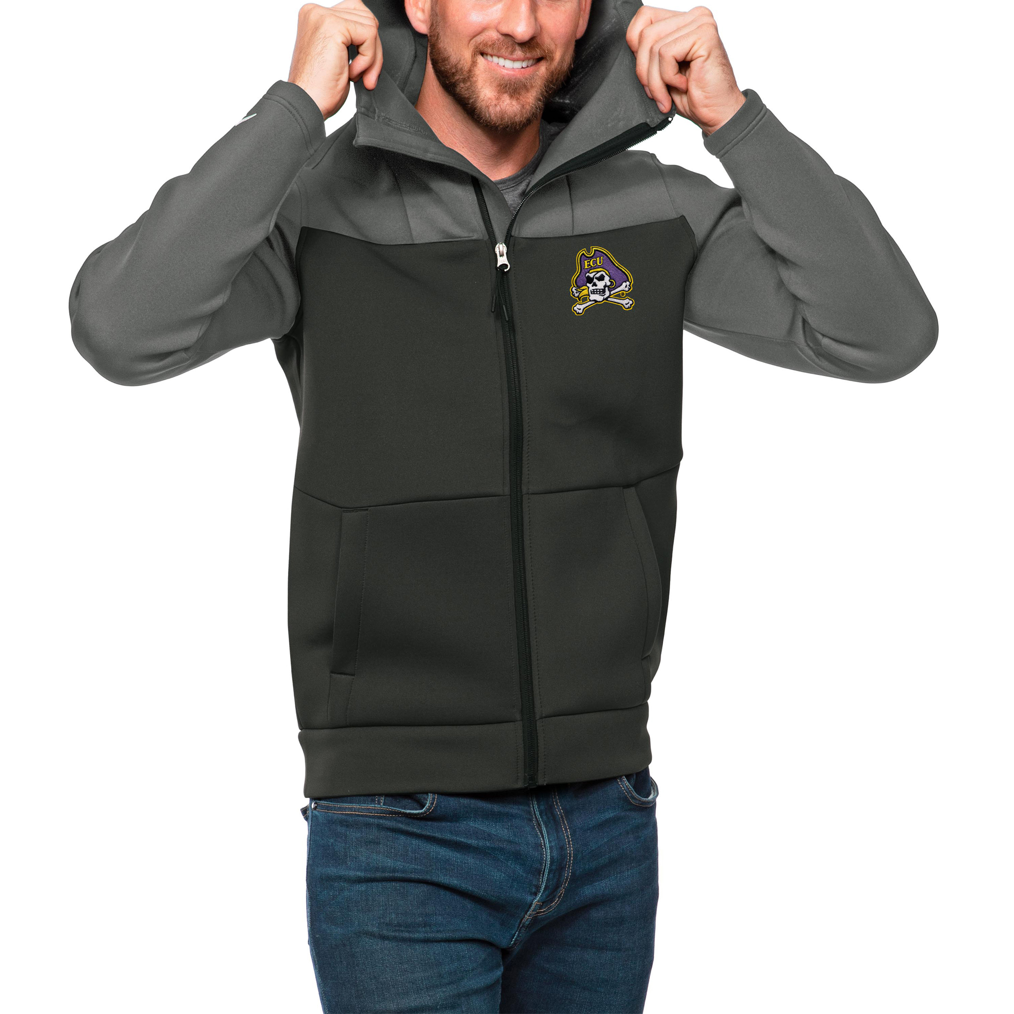 Men's Antigua Steel/Charcoal ECU Pirates Protect Full-Zip Hoodie