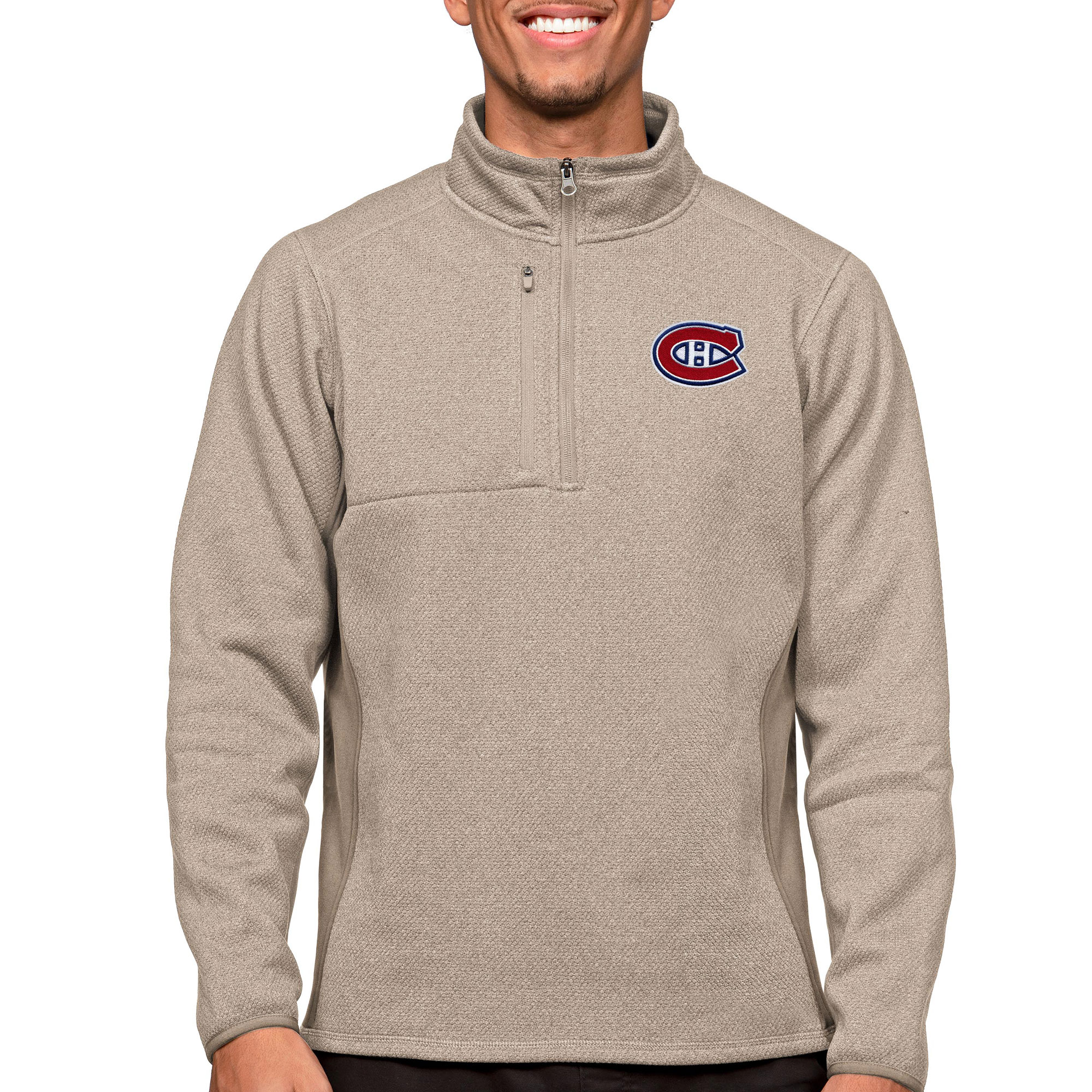 Men's Antigua Oatmeal Montreal Canadiens Course Quarter-Zip Pullover Top
