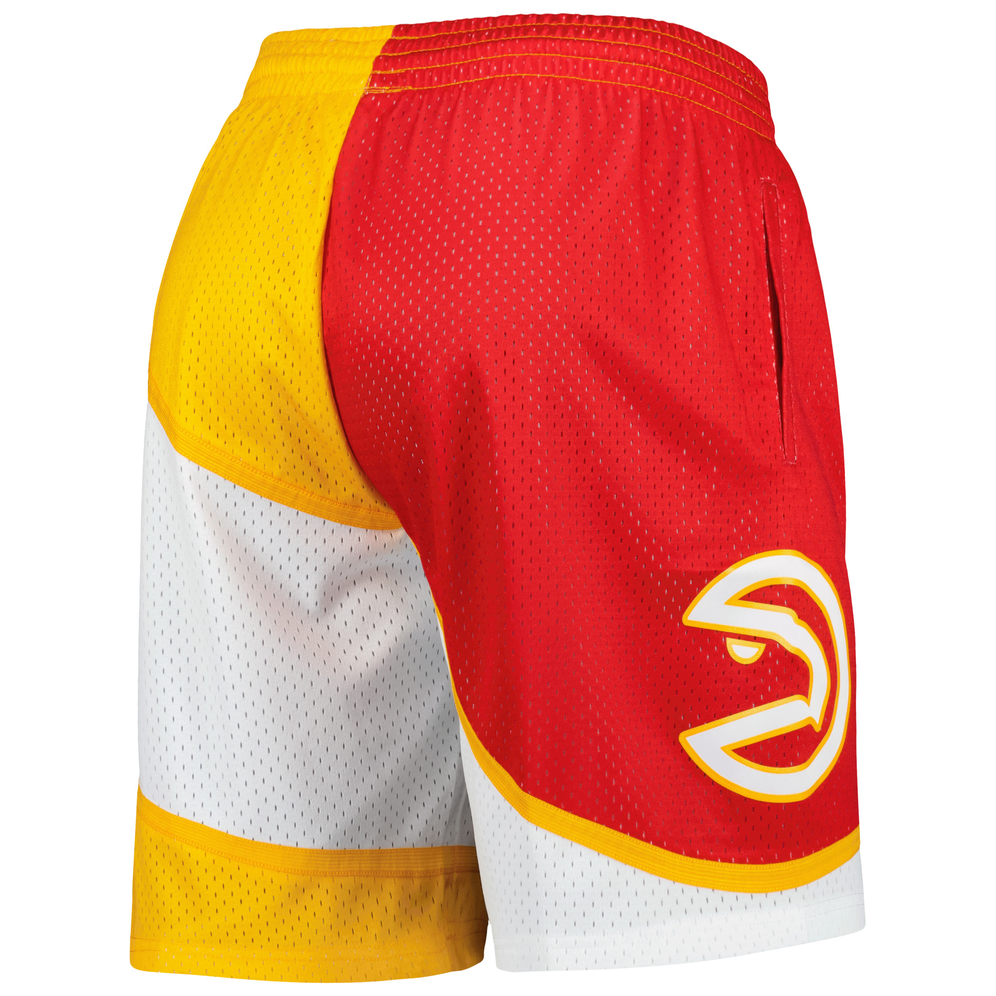 Men's Mitchell & Ness Red/Yellow Atlanta Hawks Hardwood Classics 1986 Split Swingman Shorts - Image 4