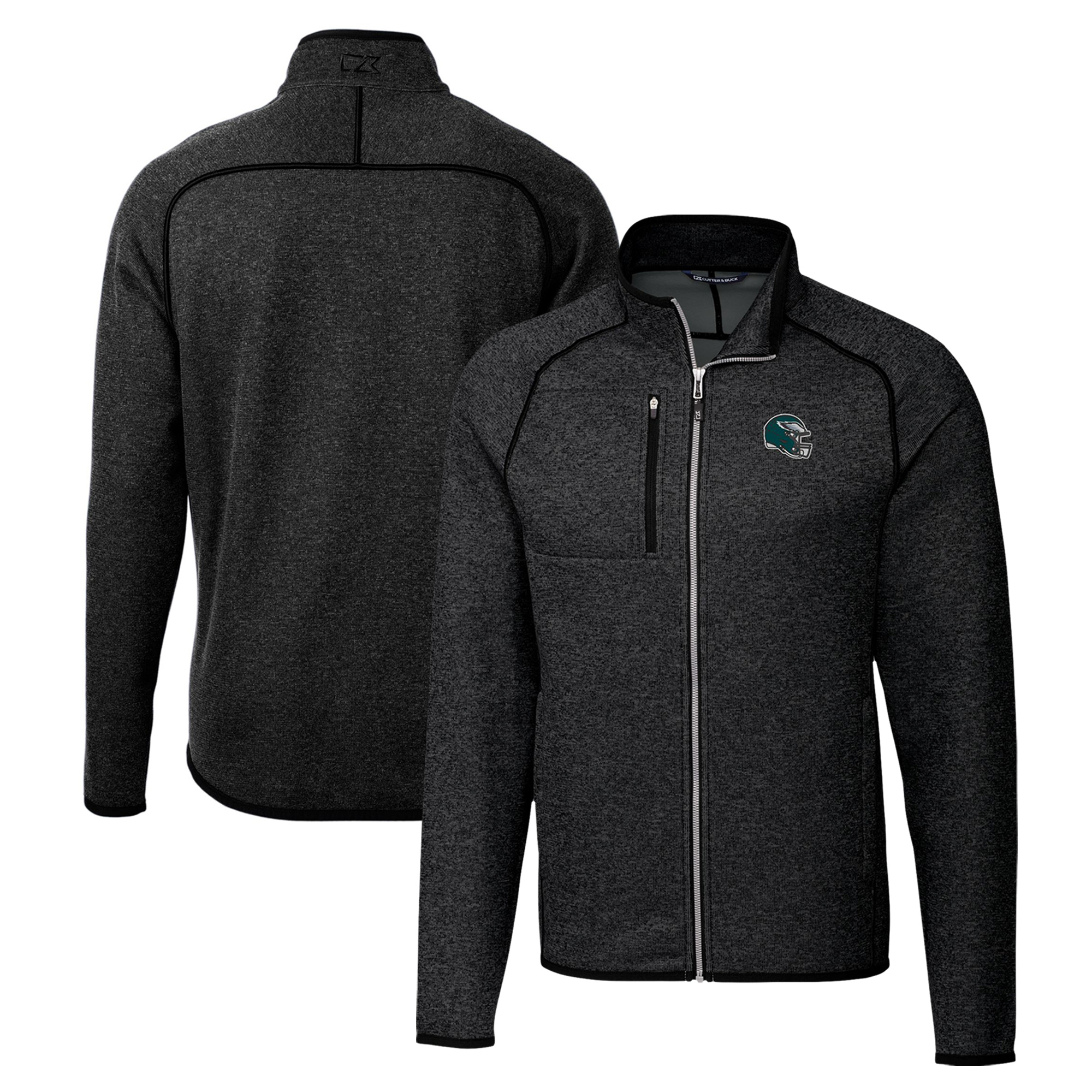 Men's Cutter & Buck Heather Charcoal Philadelphia Eagles Helmet Mainsail Sweater-Knit Full-Zip Jacket