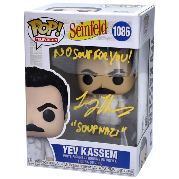 Larry Thomas Seinfeld Autographed Yev Kassem #1086 Yellow Funko Pop! with "No Soup for You" and "Soup Nazi" Inscriptions - BAS