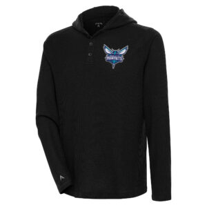 Men's Antigua  Black Charlotte Hornets Strong Hold Long Sleeve Henley Hoodie T-Shirt