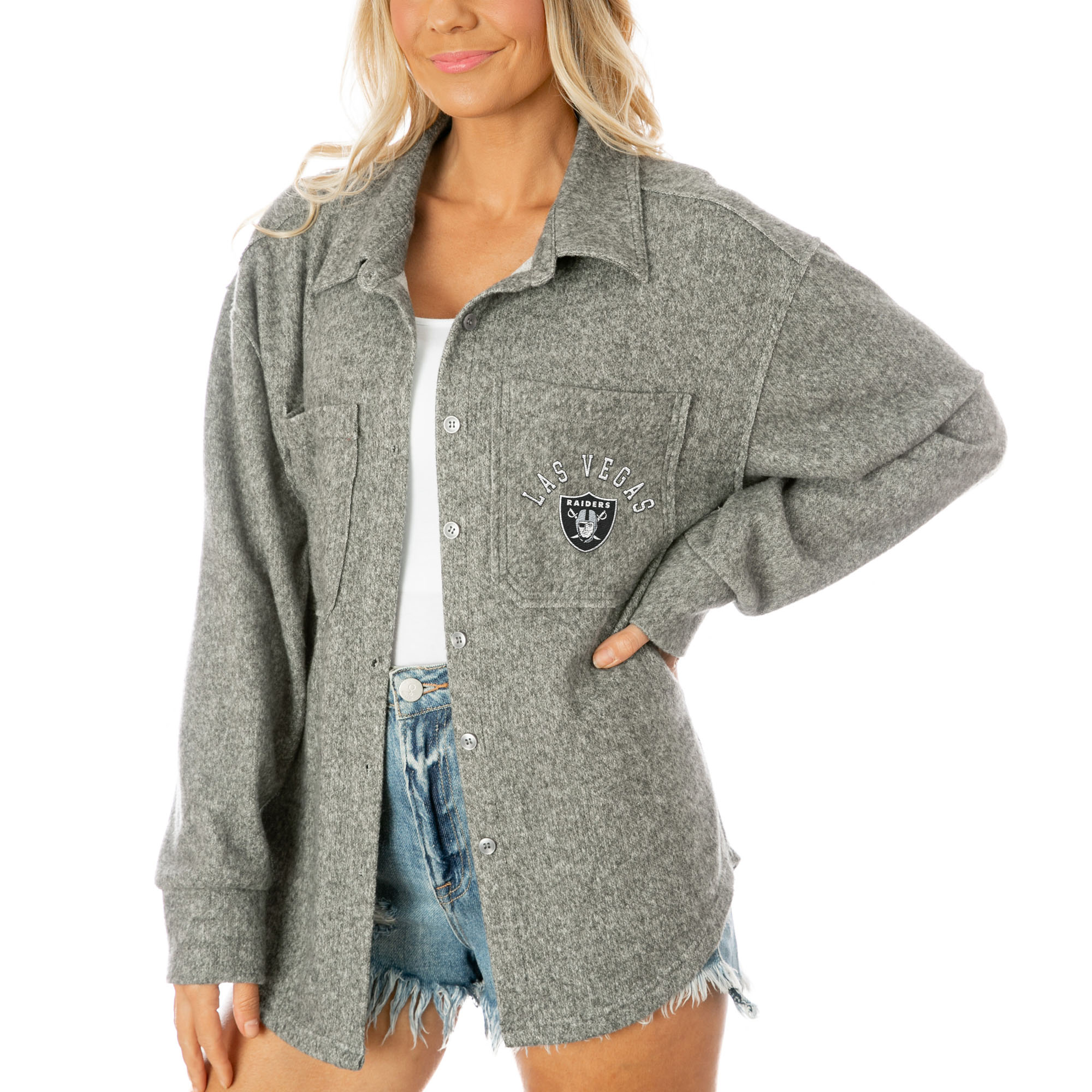 Women's Gameday Couture Gray Las Vegas Raiders Long Pass Button-Up Shacket