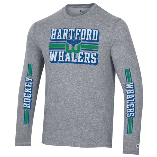 Men's Champion Heather Gray Hartford Whalers Tri-Blend Dual-Stripe Long Sleeve T-Shirt - Image 6