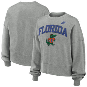 Women's Nike Heather Gray Florida Gators Legacy Fleece Classic Arch Oversized Cropped Tackle Twill Sweatshirt