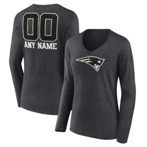 Women's Charcoal New England Patriots Monochrome Personalized Name & Number Long Sleeve V-Neck T-Shirt