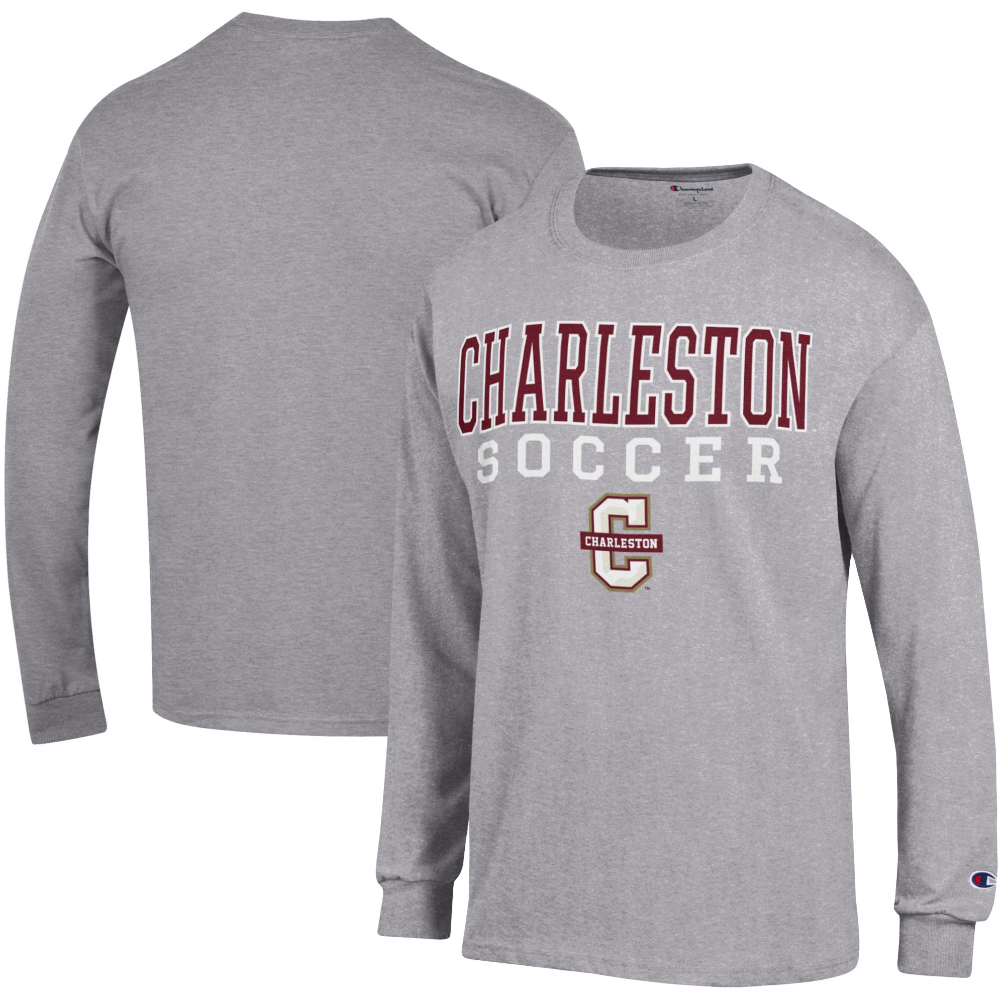 Men's Champion Heather Gray Charleston Cougars Soccer Stacked Logo Long Sleeve T-Shirt