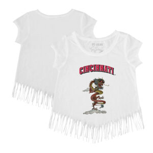 Girls Youth Tiny Turnip White Cincinnati Reds 2024 Year of the Dragon Fringe T-Shirt