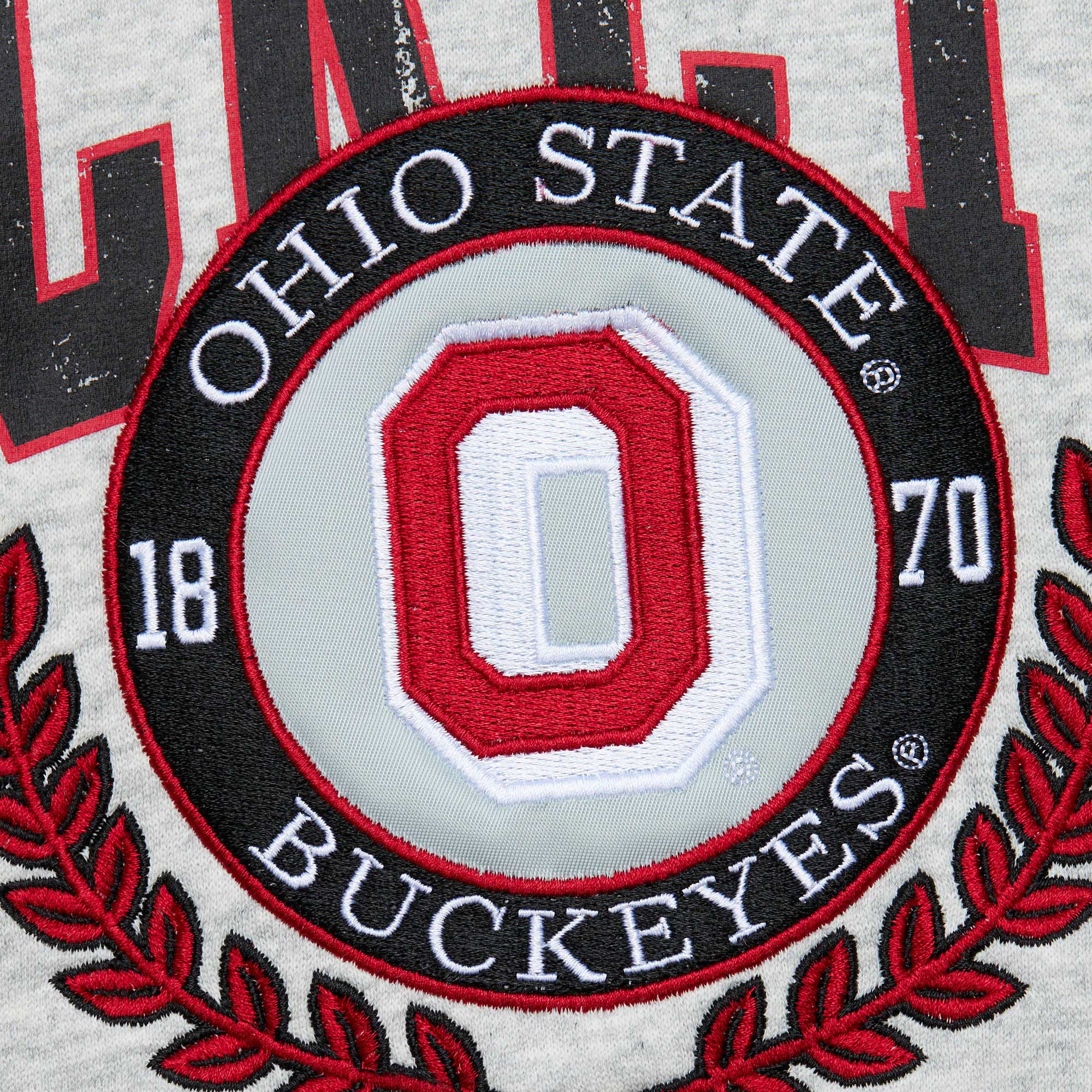 Men's Mitchell & Ness Heather Gray Ohio State Buckeyes Arched Fleece Crewneck Pullover Sweatshirt - Image 10