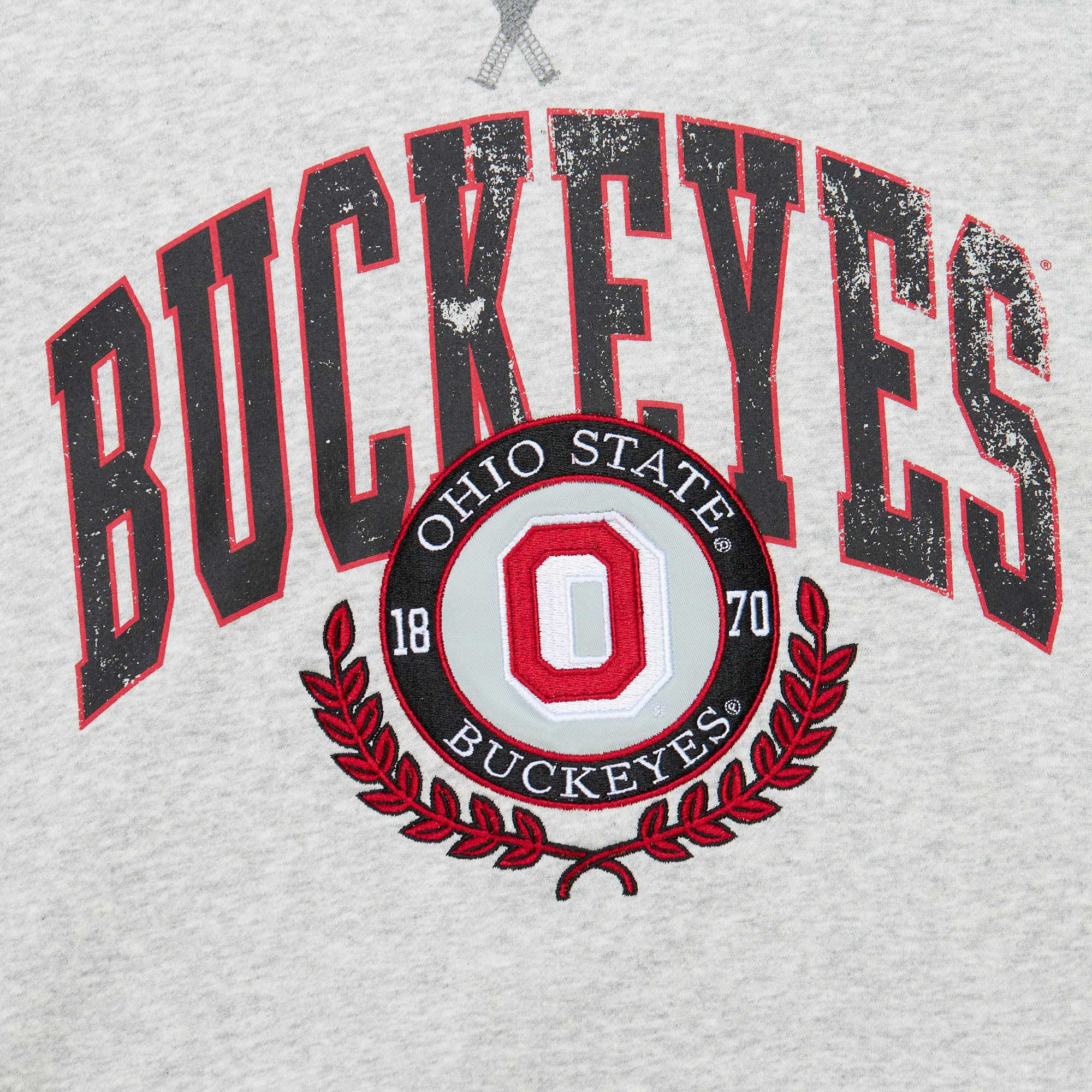 Men's Mitchell & Ness Heather Gray Ohio State Buckeyes Arched Fleece Crewneck Pullover Sweatshirt - Image 11