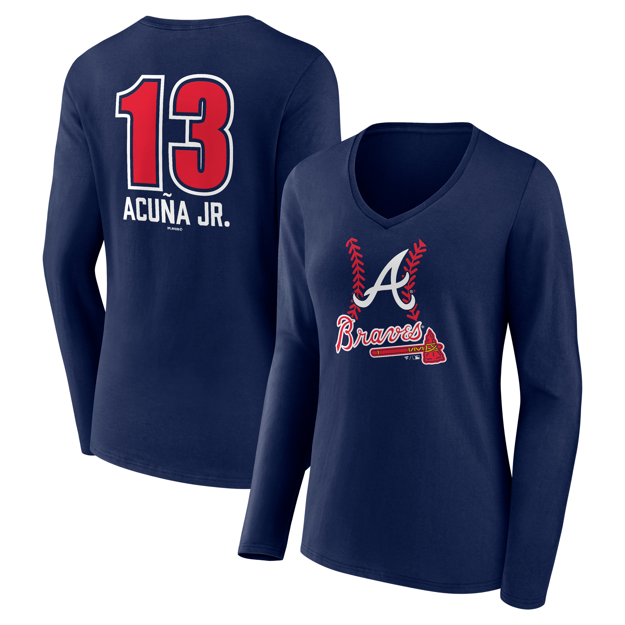 Women's Ronald Acuña Jr. Navy Atlanta Braves Fastball Player Name & Number Long Sleeve V-Neck T-Shirt