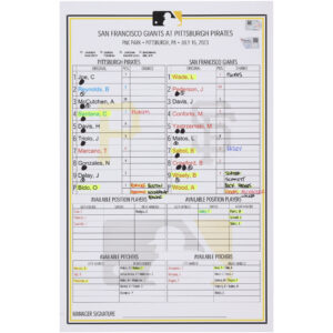 Pittsburgh Pirates Game-Used Lineup Card vs. San Francisco Giants on July 16, 2023