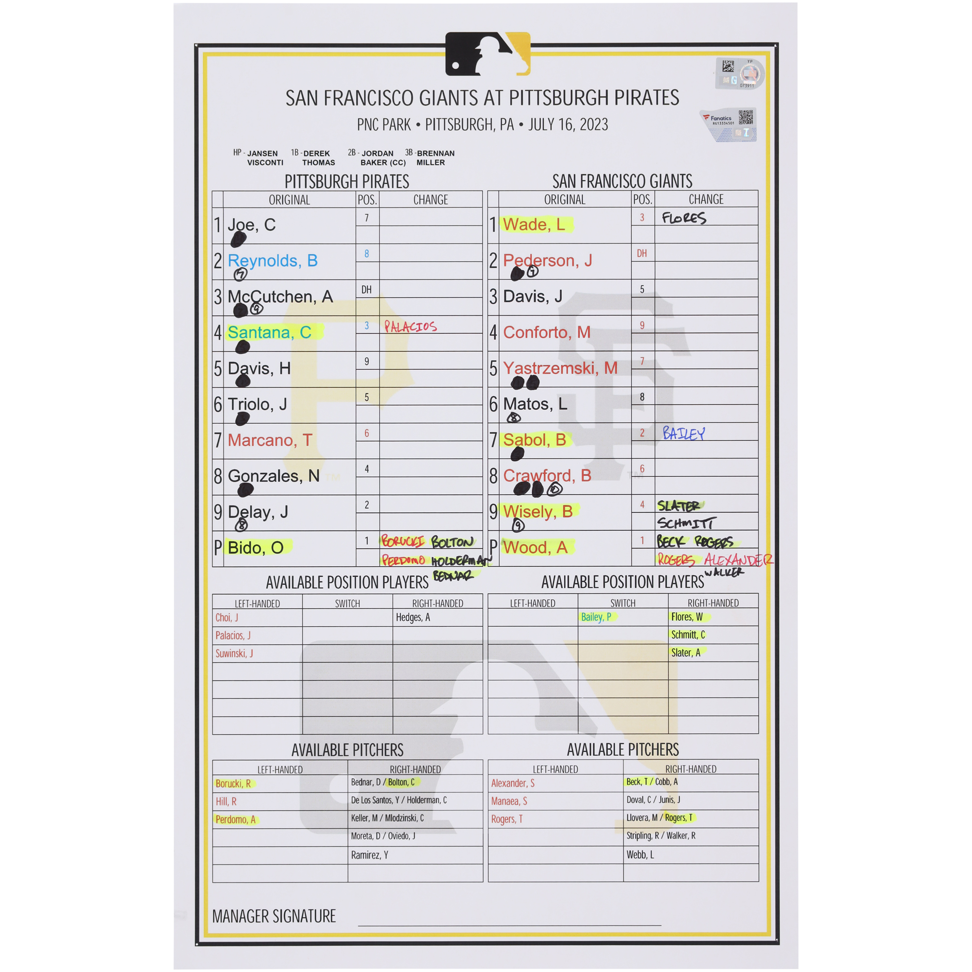 Pittsburgh Pirates Game-Used Lineup Card vs. San Francisco Giants on July 16, 2023