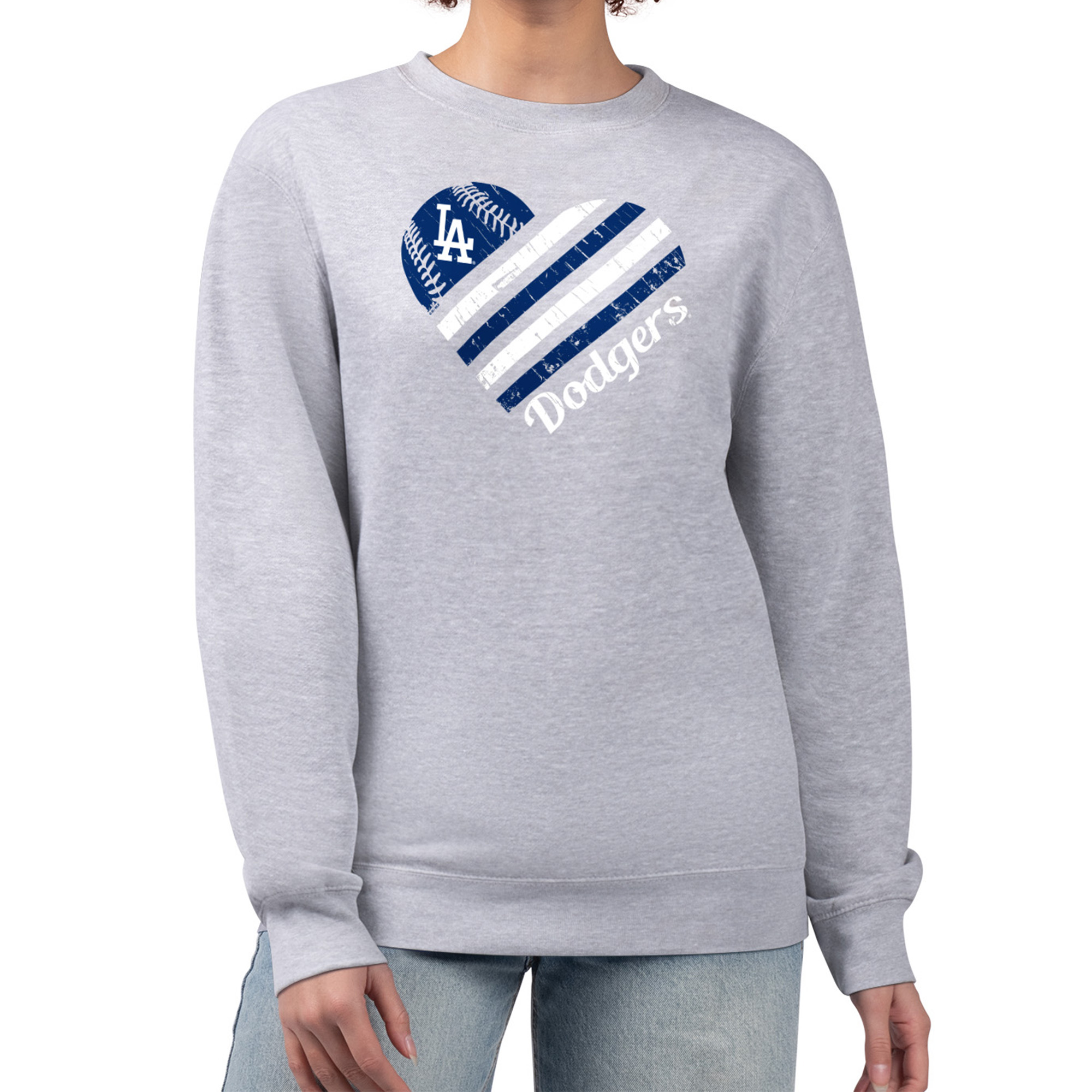 Women's G-III 4Her by Carl Banks Heather Gray Los Angeles Dodgers Heart Logo Fleece Pullover Sweatshirt - Image 4