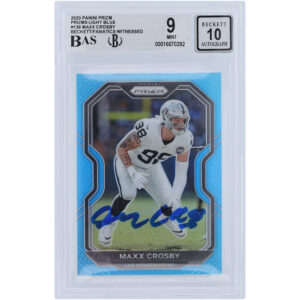 Maxx Crosby Las Vegas Raiders Autographed 2020 Panini Prizm Light Blue Prizm #136 Beckett Fanatics Witnessed Authenticated 9/10 Card