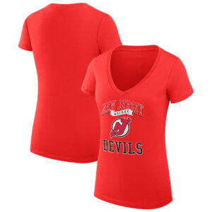 Women's G-III 4Her by Carl Banks Red New Jersey Devils Team Logo Graphic V-Neck Fitted T-Shirt