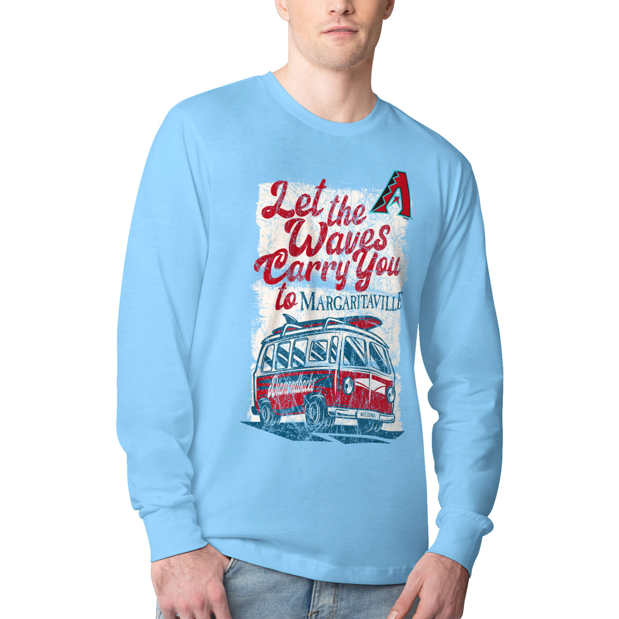 Men's Margaritaville Light Blue Arizona Diamondbacks Bus Waves Graphic Long Sleeve T-Shirt
