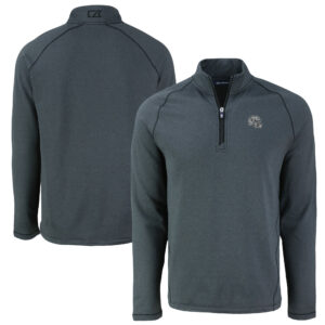 Men's Cutter & Buck  Heather Black Las Vegas Raiders Peshastin Eco Fleece Tri-Blend Raglan Recycled Quarter-Zip Jacket