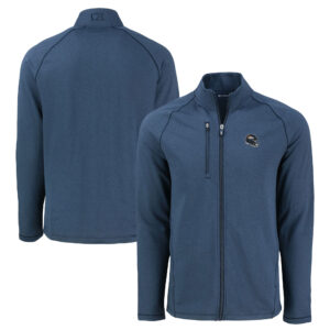 Men's Cutter & Buck  Heather Navy Denver Broncos Peshastin Eco Fleece Recycled Raglan Tri-Blend Full-Zip Jacket