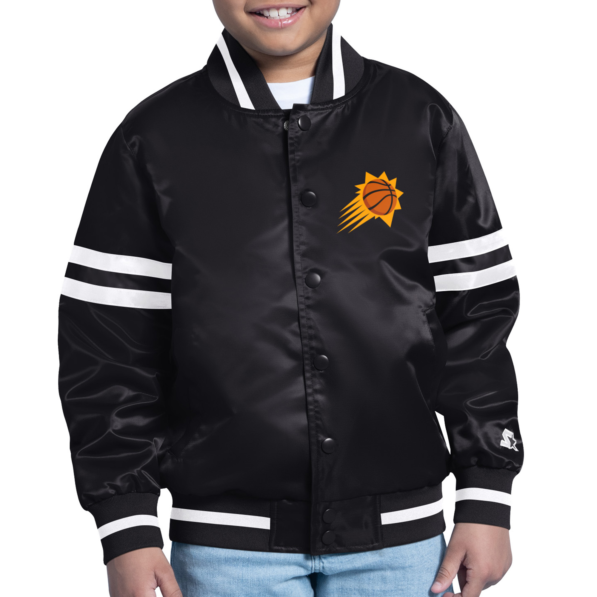 Youth Starter Black Phoenix Suns Printed Shield Logo Satin Varsity Full-Snap Jacket