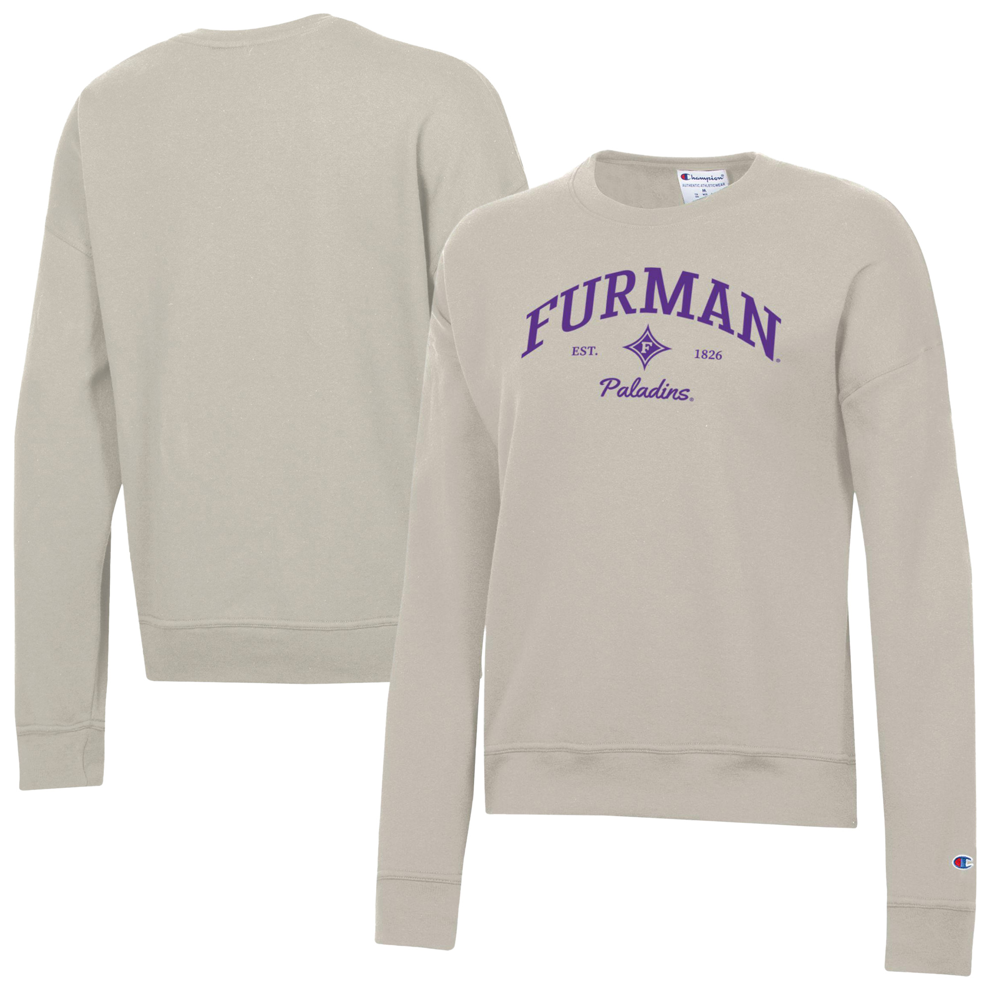 Women's Champion Oatmeal Furman Paladins Powerblend Pullover Sweatshirt