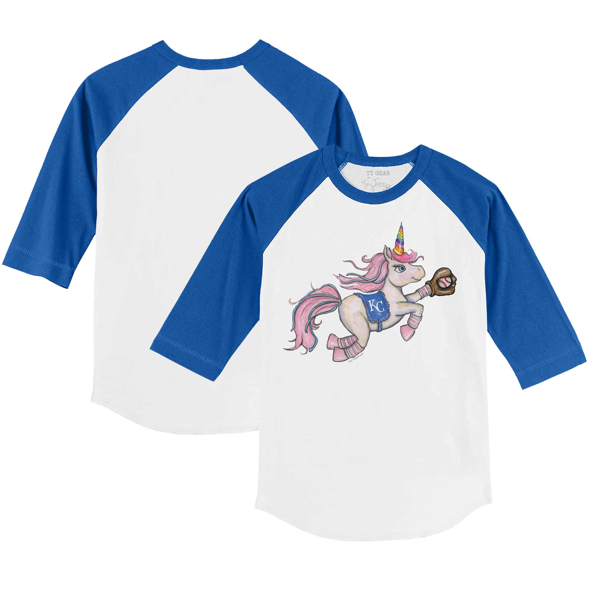 Infant Tiny Turnip White/Royal Kansas City Royals Unicorn Raglan 3/4 Sleeve T-Shirt - Image 2