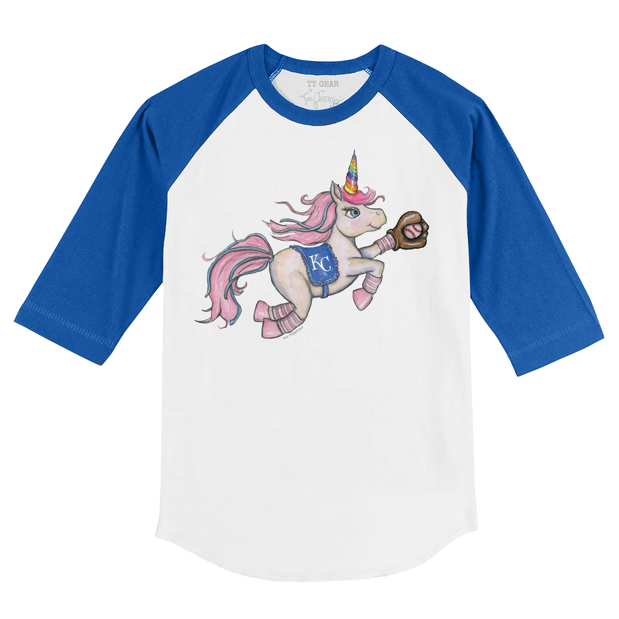 Infant Tiny Turnip White/Royal Kansas City Royals Unicorn Raglan 3/4 Sleeve T-Shirt - Image 3