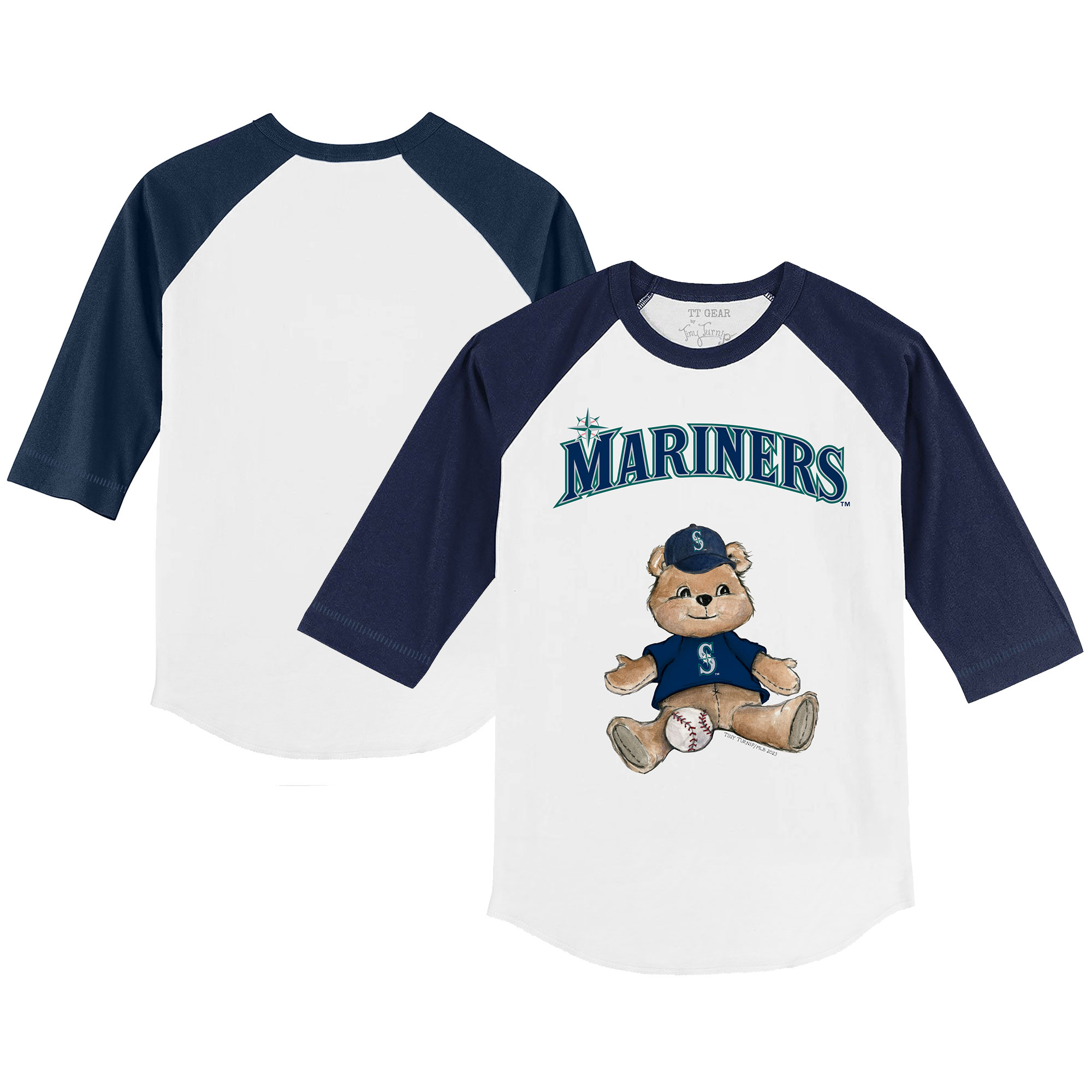 Youth Tiny Turnip White/Navy Seattle Mariners Teddy Boy 3/4-Sleeve Raglan T-Shirt - Image 2