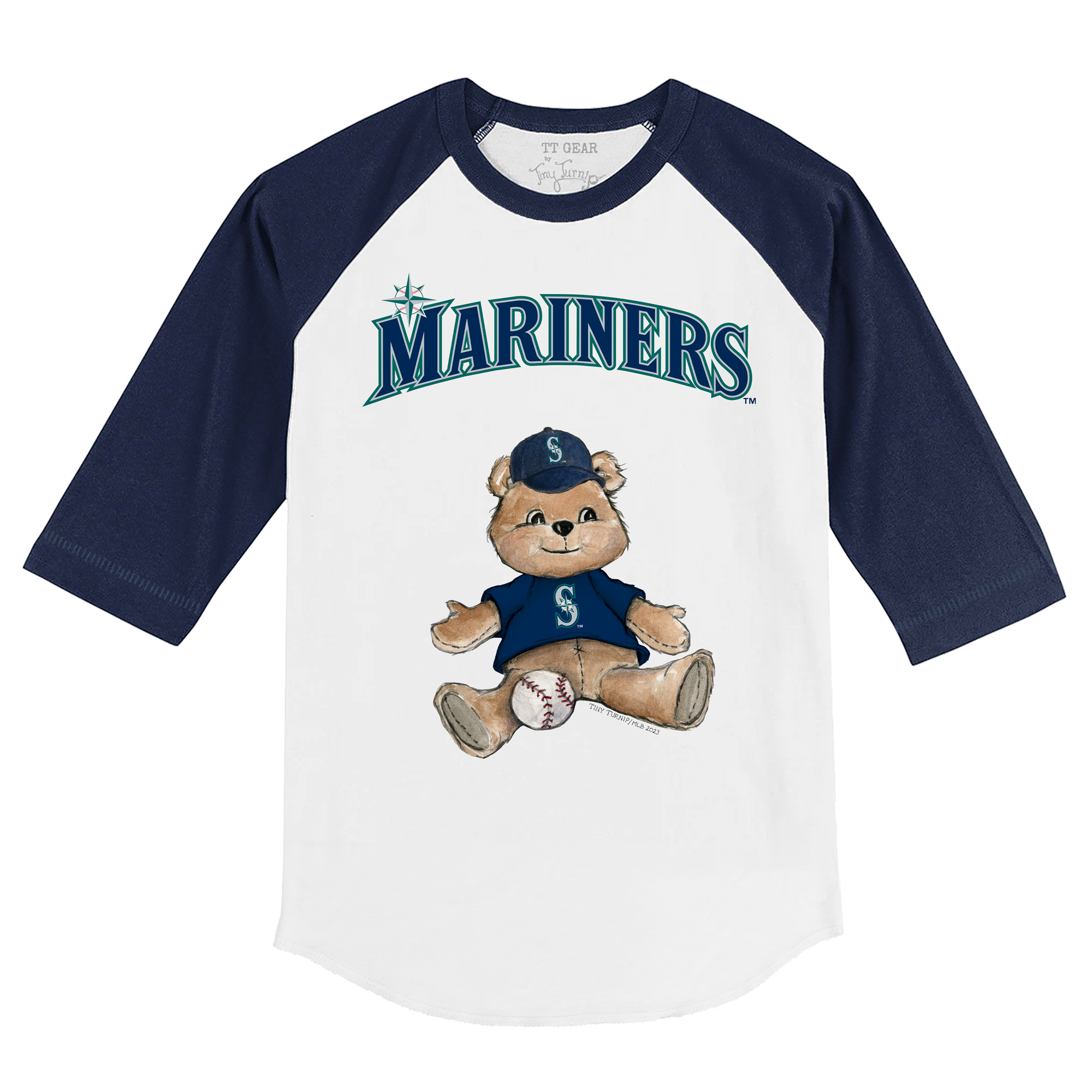 Youth Tiny Turnip White/Navy Seattle Mariners Teddy Boy 3/4-Sleeve Raglan T-Shirt - Image 6