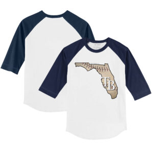 Youth Tiny Turnip White/Navy Tampa Bay Rays State Outline 3/4-Sleeve Raglan T-Shirt