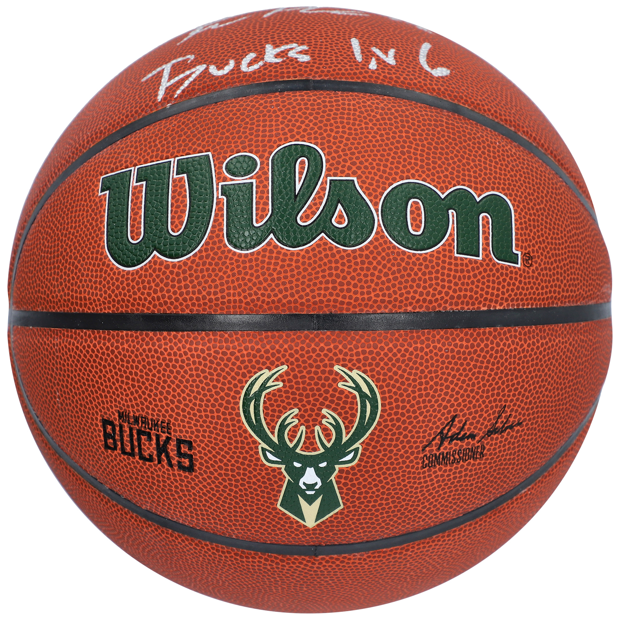 Khris Middleton Milwaukee Bucks Autographed Wilson Team Logo Basketball with "Bucks in 6" Inscription - Image 3