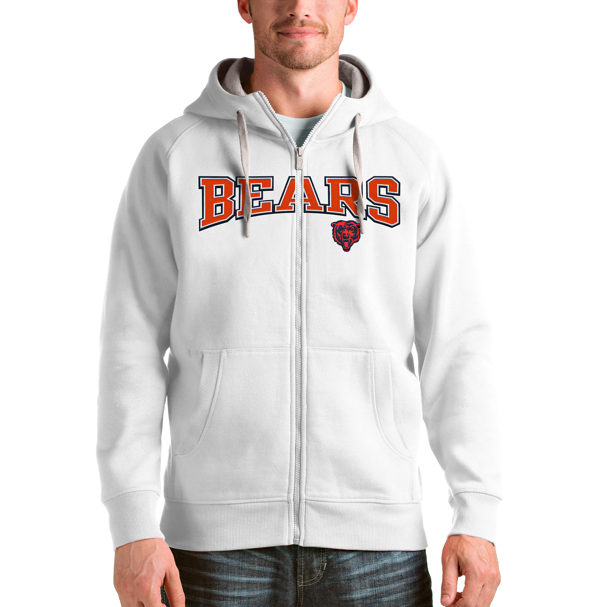Men's Antigua White Chicago Bears Wordmark Victory Full-Zip Hoodie