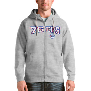 Men's Antigua Heathered Gray Philadelphia 76ers Victory Full-Zip Hoodie
